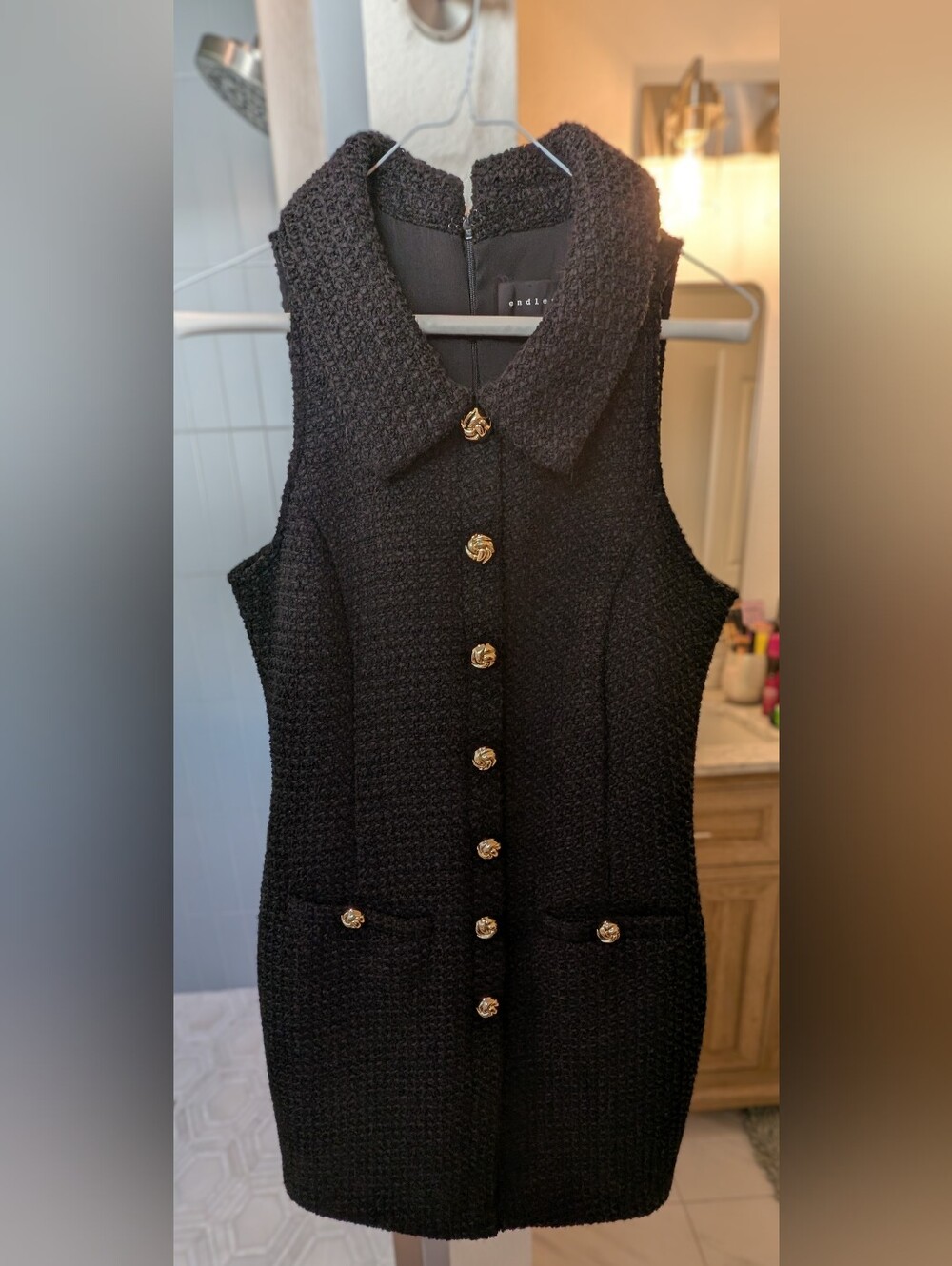 Endless Rose Black Tweed Button-Front Sleeveless Dress
